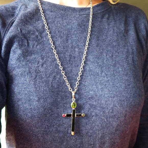 Huge Multi-Color Tourmaline Cross In Silver Pendant - Picture 9 of 10